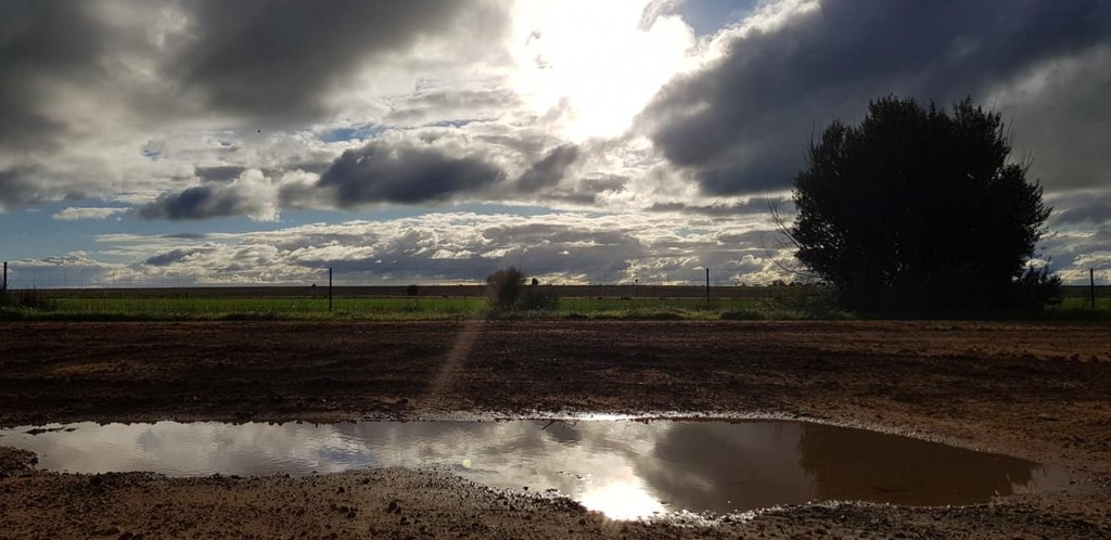 Bright sunlight on a winter's day, reflecting into a puddle on a country road